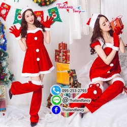 ชุดซานต้าครอส ชุดคอสเพลย์แซนตี้ ชุดคริสต์มาสผู้หญิง ชุดซานต้าผู้หญิง ชุดซานตารีน่า ชุดแฟนซีปาร์ตี้ปีใหม่ เดรสสั้นขาวแดงแต่งขนปุยกระดุมกลางชุด