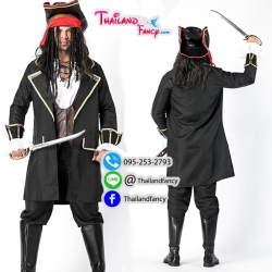 ชุดเช่าแฟนซีผู้ชาย ชุดเช่าโจรสลัดชาย ชุดเช่ากัปตันแจ๊คสแปร์โรว์ Pirate Jack Sparrow Cosplay เสือโค้ทดำเสื้อกั๊กหนังน้ำตาล