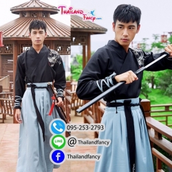ชุดเช่าแฟนซีผู้ชาย เช่าชุดจีนโบราณ ชุดแฟนซีนานาชาติ ชุดจอมยุทธ์ชาย ชุดเจ้ายุทธภพ ชุดนานาชาติ ชุดจีนกำลังภายใน ชุดเช่าจีนกำลังภายในผู้ชายเสื้อสีดำโปรงเทา