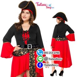 ชุดเช่าแฟนซีผู้หญิงพลัสไซส์ ชุดเช่าสาวโจรสลัด โจรสาวของแจ๊คสแปร์โรว์ Pirate of the Caribbean ชุดคอสเพลย์เดรสสั้นโจรสลัดสาวดำแดงแต่งลายทองกระโหลกไขว้