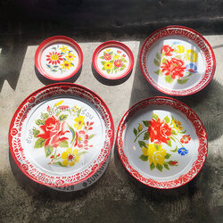 100.ถาดเคลือบ ลายดอก 22 ซม.- 60 ซม. ภาชนะเคลือบ ตรากระต่าย