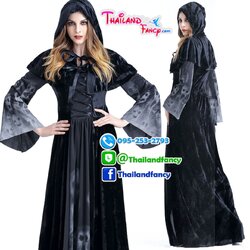 ชุดเช่าแฟนซีผู้หญิงพลัสไซส์ ชุดเช่าแม่มดสาว ชุดจอมเวทย์ Witch Costume ชุดปีศาจสาวพลัสไซส์ ชุดคอสเพลย์เดรสเดรสยาวพร้อมผ้าคลุมลายกระโหลกไขว้