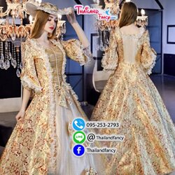 ชุดแฟนซีผู้หญิงสำหรับเช่า ชุดวิคตอเรียฝรั่งเศส ชุดเจ้าหญิงอังกฤษ ชุดผู้ดีอังกฤษ ชุดหลุยส์ฝรั่งเศส Victoria Cosplay ชุดเช่าเจ้าหญิงยุคเรเนซองค์โกธิคสีทอง