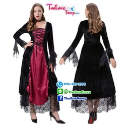 ชุดแฟนซีแม่มดสีแดงดำ Witch Cosplay ชุดแม่มดฮาโลวีน2022 ชุดผีสาวซอมบี้ ชุดสาวไสยเวทย์ ชุดแวมไพร์สาวสีแดงดำแต่งลูกไม้ปลายแขน