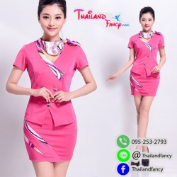 ชุดยูนิฟอร์ม Cosplay Air Hostess ชุดสาวสายการบิน ชุดแอร์โฮสเตท ชุดพนักงานต้อนรับ ชุดแฟนซีสาวแอร์สีชมพูสดแต่งผ้าลายทาง กระโปรงทรงสอบเข้ารูป