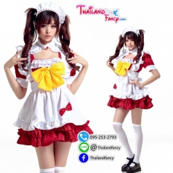 ชุดแฟนซีการ์ตูน ชุดแม่บ้าน ชุดเมดญี่ปุ่น Maid Cosplay ชุดสาวเสิร์ฟ ชุดแม่บ้านคอสเพลย์ เดรสแดงผ้ากันเปื้อนขาวโบว์เหลือง