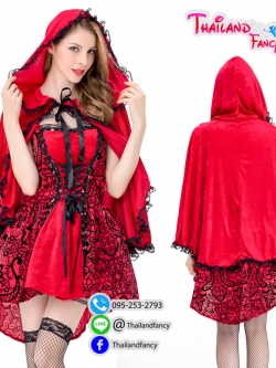 ชุดแฟนซี Cosplay หนูน้อยหมวกแดง ชุดคู่หมาป่า ชุดการ์ตูนหนูน้อยหมวกแดง เดรสเกาะอกพร้อมผ้าคลุมกำมะหยี่