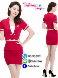 ชุดแฟนซีสาวแอร์ Cosplay Airhostess ชุดยูนิฟอร์ม ชุดสาวสายการบิน ชุดพนักงานต้อนรับ ชุดต้อนรับตรุษจีน ชุดแอร์โฮสเตทสีแดง กระดุมแถวคู่