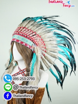 เช่าอุปกรณืแฟนซี หัวขนนกแฟนซี เช่าหัวอินเดียแดงแฟนซี หัวชนเผ่าขนนก หัวขนนกโบฮีเมี่ยน หมวกอินเดียแดงขนนกหัวหน้าเผ่าสีฟ้าน้ำทะเล