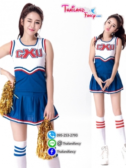 ชุดแฟนซีปอมปอม ชุดเชียร์กีฬา ชุดคอสเพลย์ Cosplay ชุดปอมปอมเชียร์ขาวน้ำเงินแขนกุด กระโปรงสั้นจีบรอบตัว