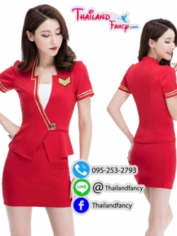 ุชุดคอสเพลย์ Airhostess Costume ชุดอาชีพในฝัน ชุดพีอาร์ ชุดพนักงานต้อนรับ ชุดยูนิฟอร์ม สาวแอร์โฮสเตสสีแดงคอแหลมหยักมีซับเกาะอกขาวในตัว