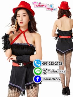 ชุดคาวเกิร์ล ชุดอินเดียแดง ชุดคาวบอยหญิง ชุดแฟนซีคาวบอยโบฮีเมียน เดรสกระโปรงเกาะอกผ้าหนังกลับสีดำพร้อมหมวกแดง