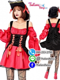 ชุดเช่าแฟนซีผู้หญิง ชุดโจรสลัด ชุดคู่แจ็คสแปร์โรว์ Pirate of the Caribbean Cosplay ชุดสาวโจรสลัดเดรสสั้นสีแดงแต่งดำแขนยาวไหล่ปาด