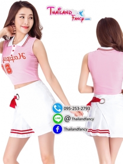 ชุดแฟนซีเชียร์กีฬา ชุดปอมปอมกีฬาสี ชุดเชียร์ลีดเดอร์ Cheerleader Cosplay ชุดปอมปอมเชียร์ ชุดปาร์ตี้บริษัท ชุดคอสเพลย์กีฬาสีออฟฟิศ เสื้อสีชมพูแขนกุดกระโปรงขาวผูกโบว์แดง