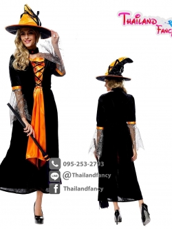 ชุดแฟนซีแม่มด ชุดคอสเพลย์แม่มด ชุดแม่มดฮาโลวีน Halloween ชุดแม่มดสาว ชุดแม่มดผี ชุดผี ชุดแม่มดสีดำส้มยาว พร้อมหมวกแม่มด