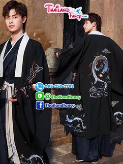 ชุดเช่าแฟนซีผู้ชาย เช่าชุดจอมยุทธ์ผู้ชาย ชุดแฟนซีนานาชาติ ชุดจีนโบราณ ชุดเกาหลีโบราณ ชุดจีนกำลังภายในชาย ชุดเช่าจอมยุทธชุดสีกรม-ดำ ลายมังกร