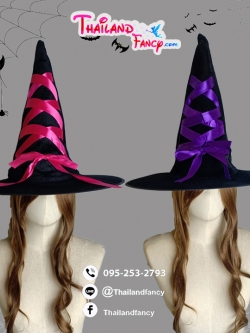 หมวกแฟนซี หมวกแม่มด หมวกคอสเพลย์ หมวกฮาโลวีน Halloween Costume หมวกแฟนซีผีแม่มดเนื้อกำมะหยี่ผูกโบว์