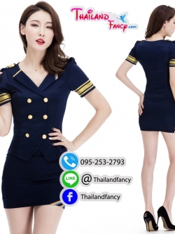 ชุดแฟนซีผู้หญิง ชุดยูนิฟอร์ม ชุดสาวสายการบิน Cosplay Airhostess ชุดพีอาร์ ชุดพนักงานต้อนรับสาวแอร์สีน้ำเงินกรมท่าแต่งผ้าลายรุ้ง กระโปรงทรงสอบเข้ารูป