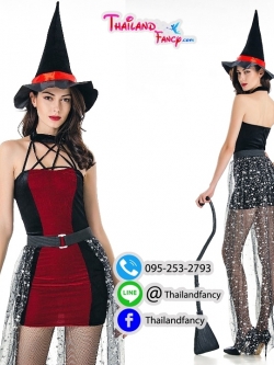 ชุดแฟนซีแม่มด Witch Cosplay ชุดแม่มดฮาโลวีน ชุดแม่มดผีซอมบี้ ชุดสาวจอมเวทย์ ชุดแม่มดดำแดงพร้อมผ้าคาดเอวและหมวก