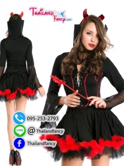 ชุดแฟนซีแวมไพร์ ชุดคอสเพลย์แวมไพร์ ชุดแม่มดเดวิล ชุดซอมบี้ผู้หญิง ชุดฮาโลวีน Devil Girl Costume ชุดปีศาจสาว ชุดสาวเดวิลสีดำปกคอตั้งแต่งขนมิงค์สีแดง
