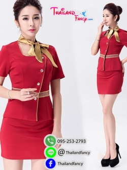 ุชุดคอสเพลย์ Cosplay Airhostess ชุดอาชีพในฝัน ชุดพนักงานต้อนรับ ชุดยูนิฟอร์มสีแดงคอเหลี่ยม แต่งขลิบทองพร้อมผ้าพันคอ