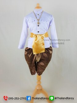 ชุดไทยเด็ก ชุดไทยย้อนยุค ชุดไทยสมัยรัชกาลที่5 ชุดไทยประยุกต์ ชุดไทยเสื้อราชปาแตนเด็กชายสีทองเข้าคู่กับผ้านุ่งโจงกระเบน