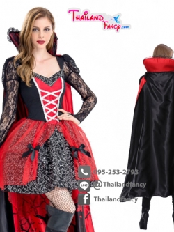 ชุดแฟนซีแวมไพร์ ชุดคอสเพลย์แวมไพร์ ชุดแวมไพร์หญิง ชุดสาวแวมไพร์ ชุดแดร็กคูล่าหญิง ชุดสาวแดร็กคูล่า ชุดฮาโลวีน ชุดผีดิบ ชุดผีแดร็กคูล่าดำแดง พร้อมผ้าคลุมหลัง