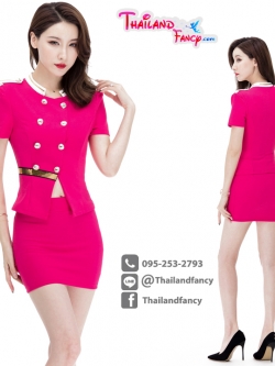 Cosplay Airhostess ชุดยูนิฟอร์ม ชุดสาวสายการบิน ชุดพนักงานต้อนรับ ชุดแอร์โฮสเตทสีชมพูกระดุม 2 แถวคู่