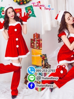 ชุดซานต้าครอส ชุดคอสเพลย์แซนตี้ ชุดคริสต์มาสผู้หญิง ชุดซานต้าผู้หญิง ชุดซานตารีน่า ชุดแฟนซีปาร์ตี้ปีใหม่ เดรสสั้นขาวแดงแต่งขนปุยกระดุมกลางชุด