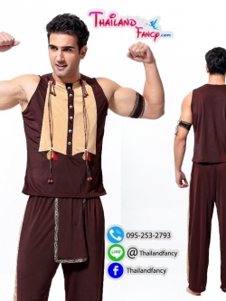 ชุดแฟนซีอินเดียแดง ชุดคาวบอยผู้ชาย ยิปซี Cosplay ชุดนักรบคนป่า ชุดชนเผ่า หนุ่มอินเดียแดงเสื้อแขนกุดสีน้ำตาล กางเกงขายาว