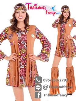 ชุดคอสเพลย์โบฮีเมียน ชุดคาวเกิร์ล ชุดอินเดียแดง ชุดชนเผ่า ชุดเดรสลายดอก กั๊กห้อยพู่น้ำตาล