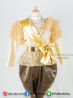 ชุดไทยเด็ก ชุดไทยย้อนยุค ชุดไทยสมัยรัชกาลที่5 ชุดไทยประยุกต์ ชุดไทยประกวด ชุดไทยเสื้อลูกไม้เด็กแขนพองสีทองเข้าคู่กับผ้านุ่งโจงกระเบน