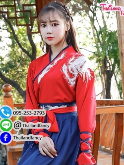 ชุดเช่าแฟนซีผู้หญิง เช่าชุดจอมยุทธ์ ชุดจีนโบราณหญิง ชุดเจ้ายุทธจักร ชุดจีนกำลังภายในผู้หญิง ชุดเช่าจอมยุทธจีนเสื้อสีแดงแต่งลายปักโปรงน้ำเงิน