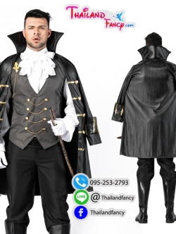 ชุดแฟนซีผู้ชายสำหรับเช่า ชุดแวมไพร์ผู้ชาย ชุดท่านเคาท์ ผีแดร๊กคูล่า Count Dracula Cosplay โค้ทปกตั้งหนังดำกั๊กเทา