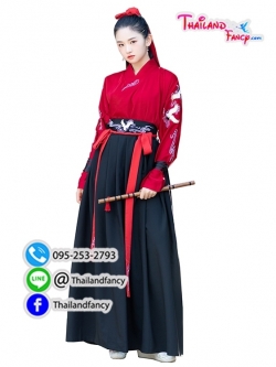ชุดเช่าแฟนซีผู้หญิง เช่าชุดจอมยุทธ์ผู้หญิง ชุดจีนโบราณหญิง ชุดเจ้ายุทธภพ ชุดเจ้ายุทธจักร ชุดจีนกำลังภายใน ชุดเช่าจอมยุทธจีนเสื้อสีแดงแต่งลายปักโปรงดำ
