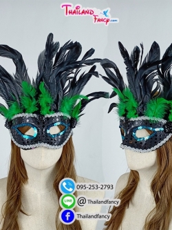 อุปกรณืแฟนซี หน้ากากแฟนซี หน้ากากขนนก หน้ากากปีใหม่ หน้ากากคริสต์มาส หน้ากากอินเดียแดง หน้ากากสีดำแซมเขียวแต่งเกร็ด