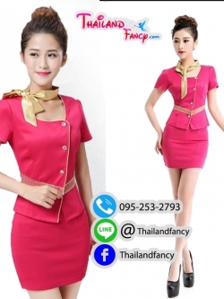 ชุดยูนิฟอร์ม Cosplay Air Hostess ชุดสาวสายการบิน ชุดแอร์โฮสเตท ชุดพนักงานต้อนรับ ชุดแฟนซีสาวแอร์สีชมพูสดคอเหลี่ยมแต่งขลิบทองพร้อมผ้าพันคอ