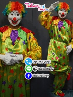 ชุดเช่าแฟนซีผู้ชาย ชุดเช่าการ์ตูน ชุดตัวตลกเป่าลูกโป่ง Joker Cosplay ชุดโจ๊กเกอร์แฟนซีผู้ใหญ่ ชุดแฟนซีตัวตลกโบโซ่ลายดาวสีเขียวเหลืองพร้อมวิกโบโซ่หัวฟูหลากสี
