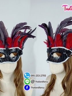 อุปกรณ์คริสต์มาส หน้ากากแฟนซี หน้ากากขนนก หน้ากากปาร์ตี้ปีใหม่ หน้ากากอินเดียแดง หน้ากากชนเผ่า หน้ากากสีดำแซมม่วงแดงแต่งเกร็ด