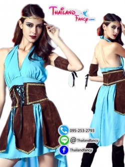 ชุดแฟนซีกรีกผู้หญิง Greek Cosplay ชุดเทพธิดากรีก ชุดนักรบโบราณ ชุดนักรบโรมันหญิง ชุดอินเดียแดง ชุดเดรสคล้องคอสีฟ้าแขนกุดแต่งผ้าคาดโปรงน้ำตาล