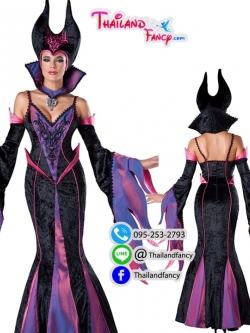 ชุดแฟนซีผู้หญิงสำหรับเช่า เช่าชุดแฟนซีแม่มด ชุดแม่มดมาเลฟิเซ้น Maleficent Costume ชุดคอสเพลย์มาเลฟิเซ้น เดรสยาวสีดำแต่งม่วงพร้อมเขา