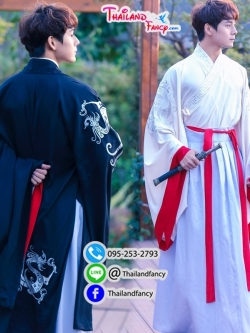 ชุดเช่าแฟนซีผู้ชาย เช่าชุดจอมยุทธ์จีน ชุดจีนโบราณชาย ชุดเจ้ายุทธภพ ชุดเจ้ายุทธจักร ชุดจีนกำลังภายใน ชุดเช่าจอมยุทธผู้ชายสีขาวเสื้อคลุมดำ