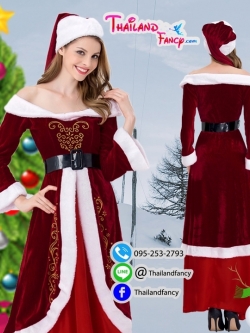 ชุดเช่าแฟนซีผู้หญิง ชุดเช่าซานตารีน่า ชุดคู่ซานต้า New Year Cosplay ชุดสาวซานตี้ ชุดเช่าแซนตี้เดรสกระโปรงยาวสีแดงแต่งลายคริสต์มาส