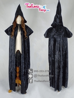 ชุดแฟนซีพ่อมดวิสาด ชุดคลุมจอมเวทย์ ชุดคลุมพ่อมด-แม่มด Halloween Black Hood ผ้าคลุมสีดำหัวฮู้ดกำมะหยี่