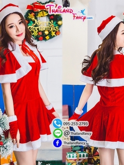 ชุดคอสเพลย์แซนตี้ ชุดคริสต์มาสผู้หญิง ชุดซานต้าผู้หญิง ชุดแฟนซีปีใหม่ ชุดซานตารีน่าเดรสสั้นเกาะอกขาวแดงมีผ้าคลุมไหล่