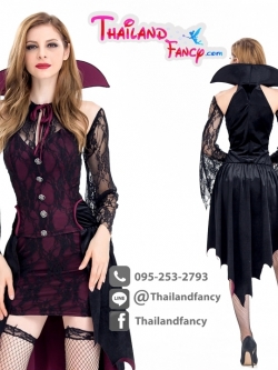 ชุดคอสเพลย์ Fancy แม่มด ชุดสาวแวมไพร์ ชุดผีดิบดูดเลือด ชุดแดร็กคูล่าหญิงเดรสลูกไม้ปกคอตั้งสีดำแดง
