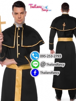 ชุดเช่าแฟนซีผู้ชาย (ชุดเช่า) ชุดคอสเพลย์นักบวช Priest Cosplay ชุดฮาโลวีน ชุดนักบวชคริสต์ ชุดบาทหลวงสีดำแต่งทองสัญลักษณ์ไม้กางเขน