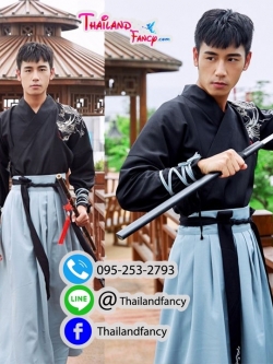ชุดเช่าแฟนซีผู้ชาย เช่าชุดจีนโบราณ ชุดแฟนซีนานาชาติ ชุดจอมยุทธ์ชาย ชุดเจ้ายุทธภพ ชุดนานาชาติ ชุดจีนกำลังภายใน ชุดเช่าจีนกำลังภายในผู้ชายเสื้อสีดำโปรงเทา