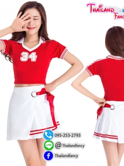 ชุดแฟนซีปอมปอมเชียร์ ชุดเชียร์ลีดเดอร์ Cheerleader Pom Poms Cosplay ชุดวงเกาหลี ชุดเชียร์กีฬาสีแดงโปรงขาวผูกโบว์