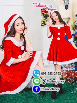 ชุดแฟนซีแซนตี้ ชุดซานต้าผู้หญิง ชุดคริสต์มาส ชุดซานตารีน่า ชุดปาร์ตี้ปีใหม่ เดรสแซนตี้คอปาดแขนยาวแค่ศอก แต่งกระดุมขนปุย